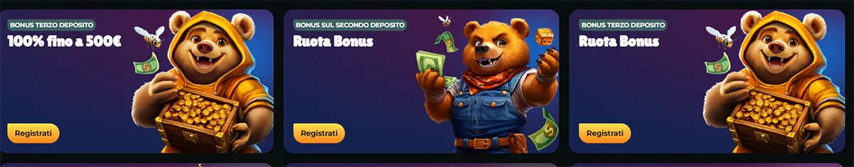 Italian casino bonus banner set featuring cartoon bear mascots, including a third deposit bonus of 100% up to €500 and bonus wheel offers, each with a registration button on a purple gradient background.